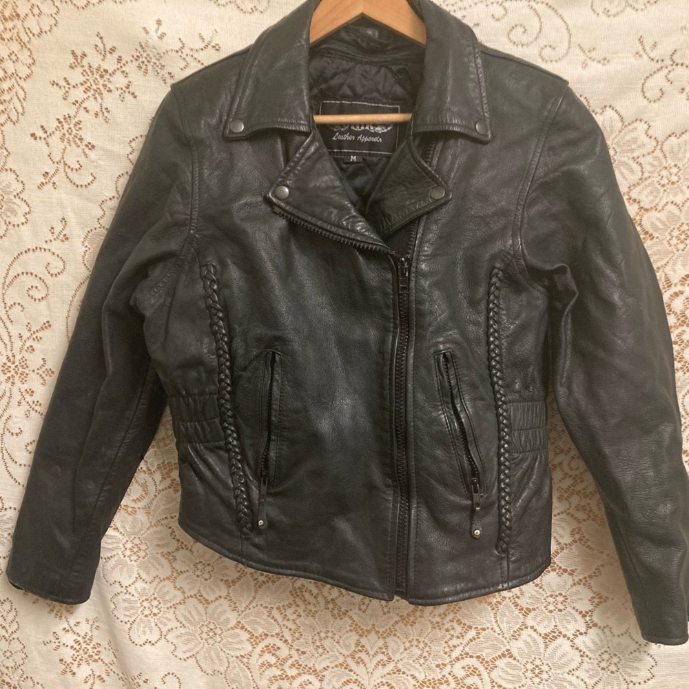 Unik Vintage Ladies Black Leather Jacket Medium